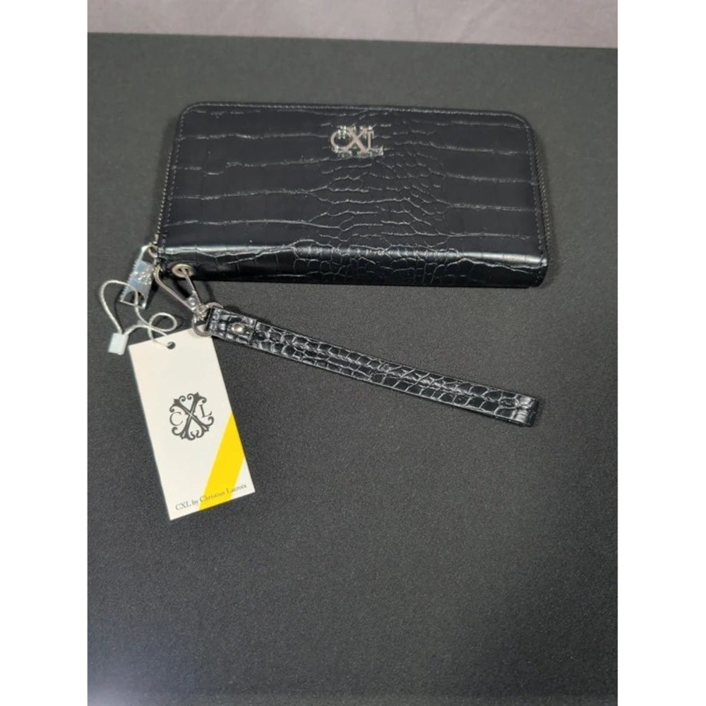 CXL by Christian Lacroix Black Kara Croc Embossed Zip Around Wristlet Wallet New